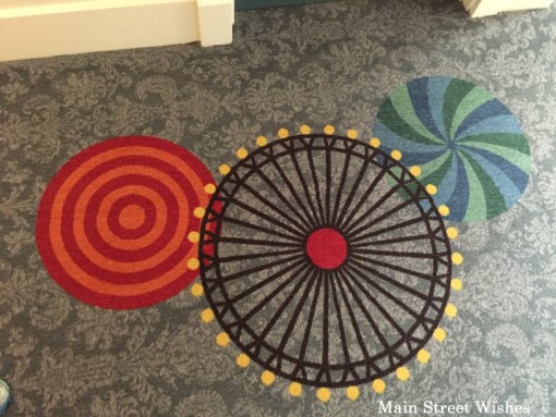 A bigger hidden Mickey in the design of the carpet at the Boardwalk Villas.